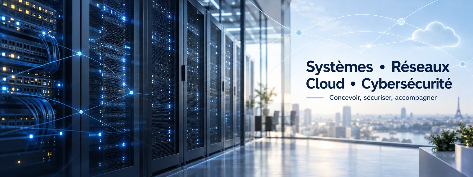 Systèmes · Réseaux · Cloud · Cybersécurité. Concevoir, sécuriser, accompagner. Une illustration de baies serveurs reliées au cloud.